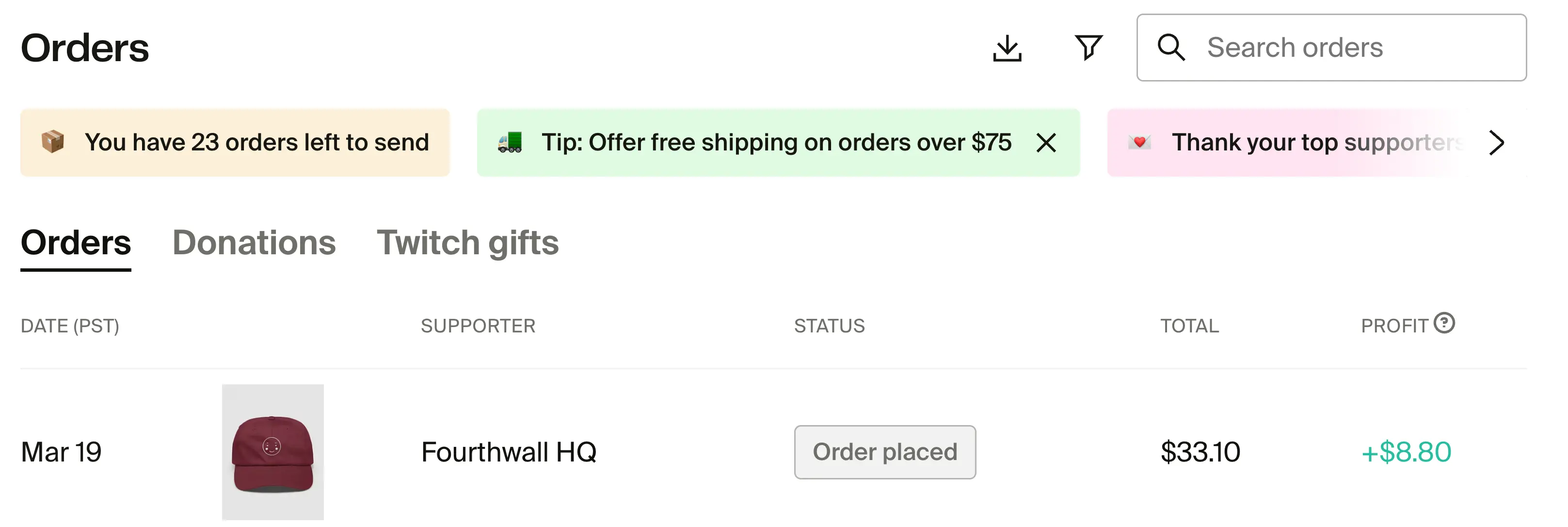 Search bar for finding orders by name, email, discount code, or country